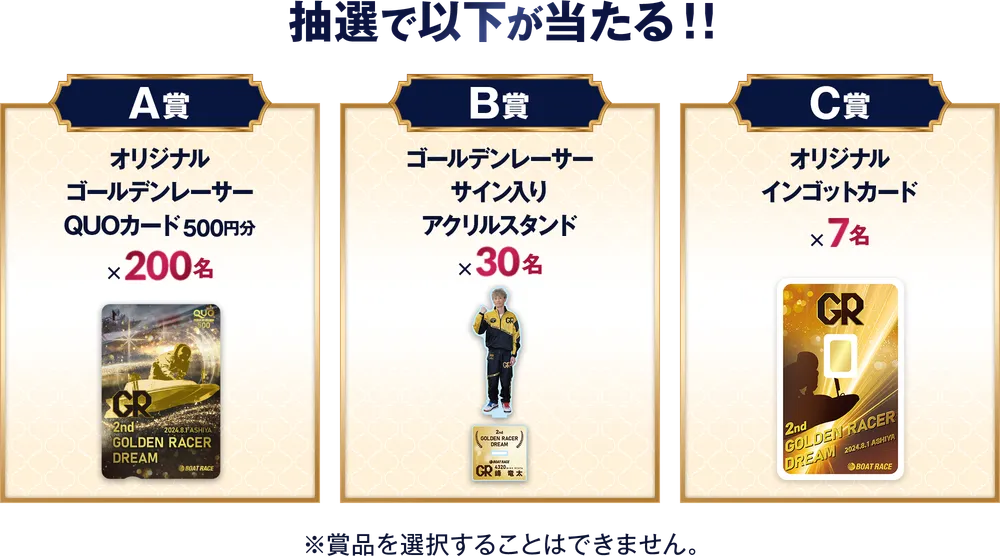 抽選で以下が当たる！！ A賞オリジナルゴールデンレーサーQUOカード500円分x200名 B賞ゴールデンレーサーサイン入りアクリルスタンドx30名 C賞オリジナルインゴットカードx7名 ※賞品を選択することはできません。