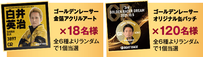 ゴールデンレーサー金箔アクリルアート×18名様 全6種よりランダムで1個当選 ゴールデンレーサーオリジナル缶バッヂ×120名様 全6種よりランダムで1個当選