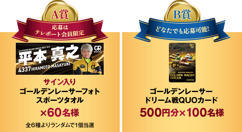 A賞 応募はテレボート会員限定 サイン入りゴールデンレーサーフォトスポーツタオル×60名様 全6種よりランダムで1個当選 B賞 どなたでも応募可能！ ゴールデンレーサードリーム戦QUOカード 500円分×100名様