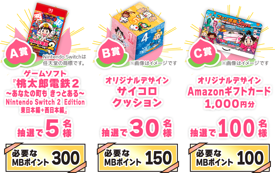 A賞：ゲームソフト「桃太郎電鉄2～あなたの町もきっとある～ Nintendo Switch 2 Edition 東日本編+西日本編」抽選で5名様（必要なMBポイント300） B賞：オリジナルデザインサイコロクッション 抽選で30名様（必要なMBポイント150） C賞：オリジナルデザインAmazonギフトカード1,000円分抽選で100名様（必要なMBポイント100）