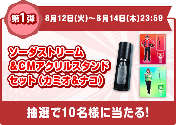 第1弾 8月12日(火)〜８月14日(木)23:59 ソーダストリーム ＆CMアクリルスタンド セット（カミオ＆ナコ） 抽選で10名様に当たる!