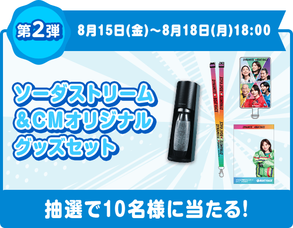 第2弾 8月15日(金)〜8月18日(月)18:00 ソーダストリーム ＆CMオリジナル グッズセット 抽選で10名様に当たる!