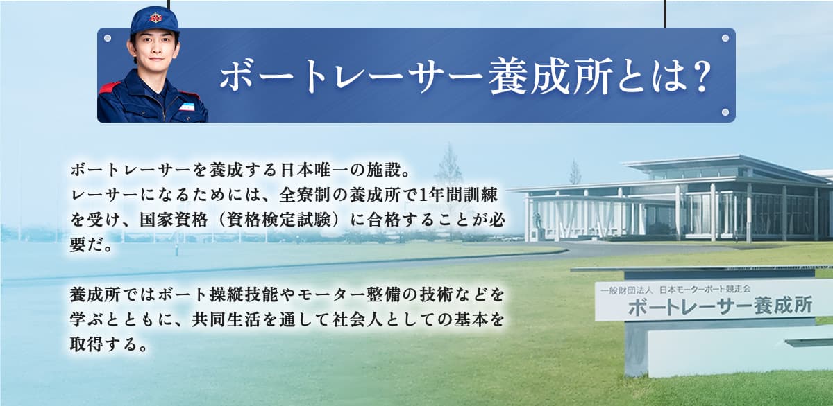 ボートレーサー養成所とは？ボートレーサーを養成する日本唯一の施設。レーサーになるためには、全寮制の養成所で1年間訓練を受け、国家資格（資格検定試験）に合格することが必要だ。養成所ではボート操縦技能やモーター整備の技術などを学ぶとともに、共同生活を通して社会人としての基本を取得する。
