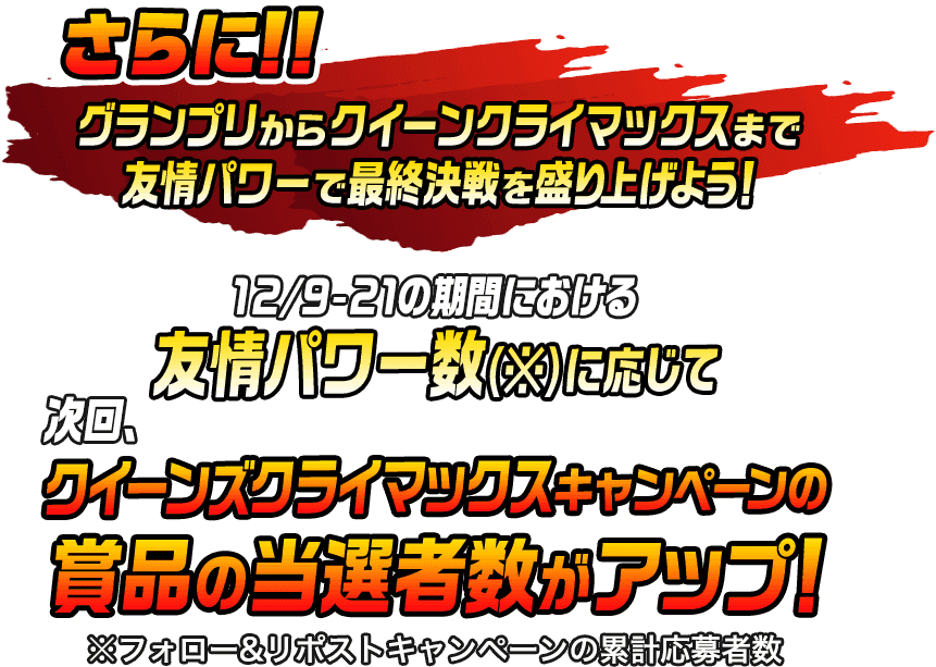 さらに！！グランプリからクイーンズクライマックスまで友情パワーで最終決戦を盛り上げよう！ 12/9-21の期間における友情パワー数に応じて次回クイーンズクライマックスキャンペーンの商品の当選者数がアップ！