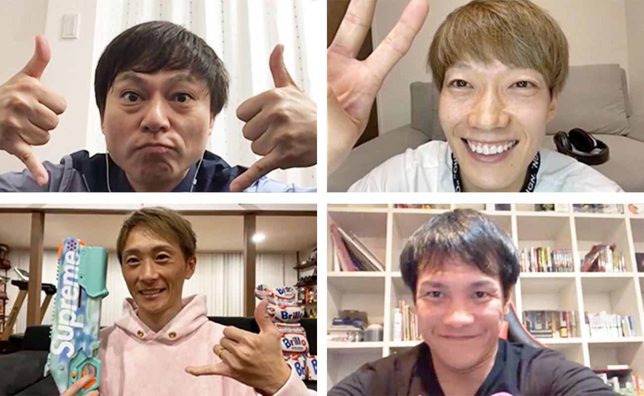 座談会のあとに撮影した記念写真。峰選手と永島さんがしているのは「GG」ポーズ